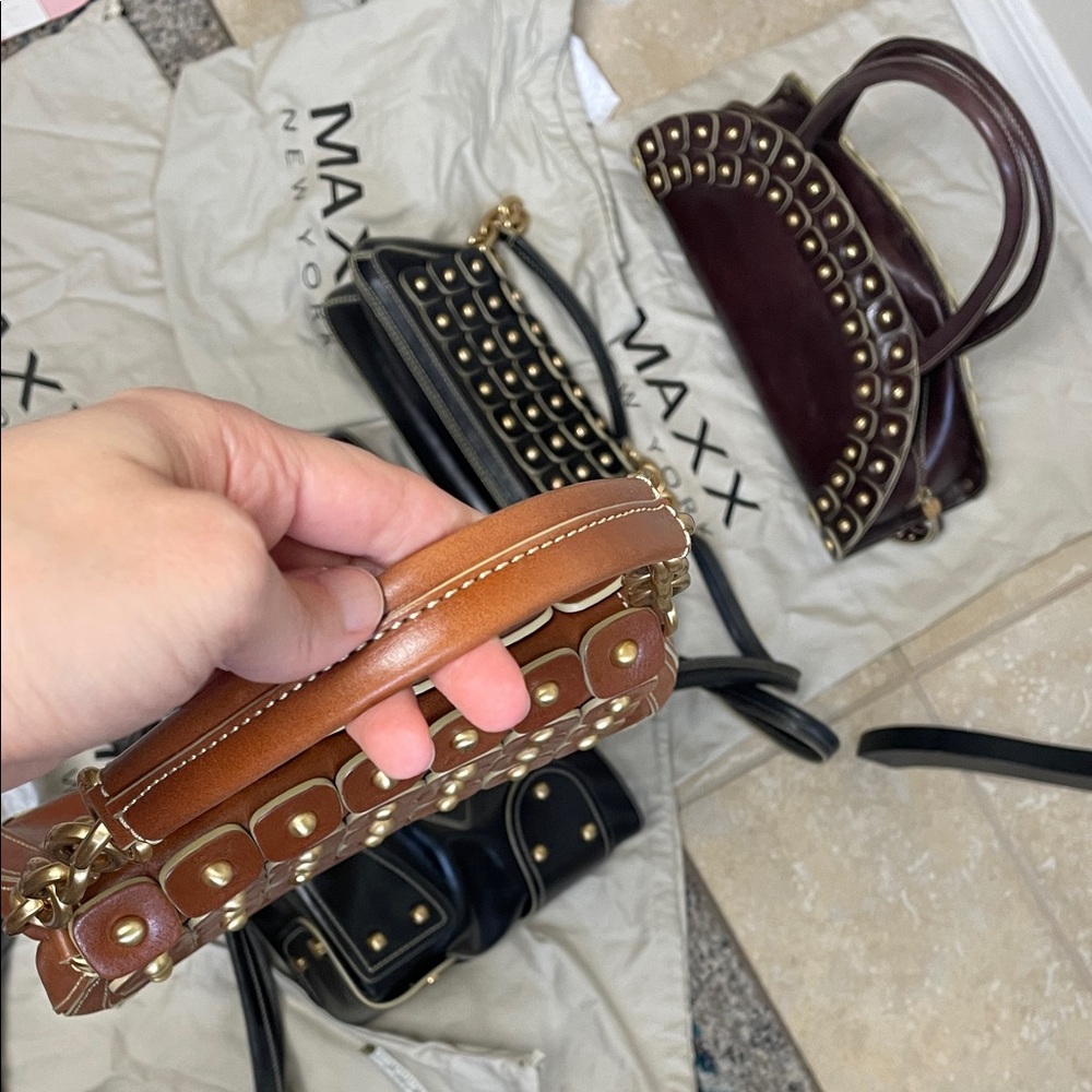 Maxx New York Leather cognac brown Gold chain  Studded Shoulder Bag - Picture 8 of 17